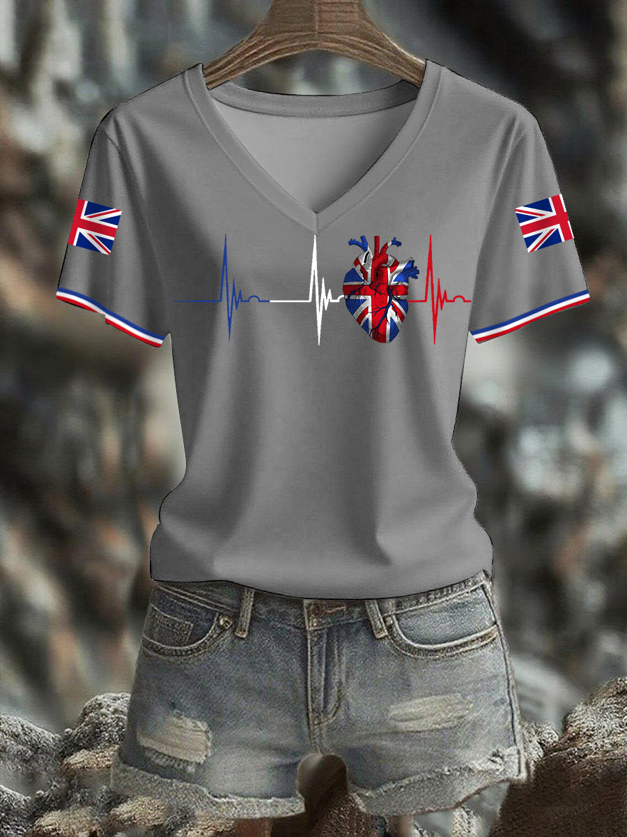 Women's UK Flag Heartbeat Print Casual V-Neck Tee
