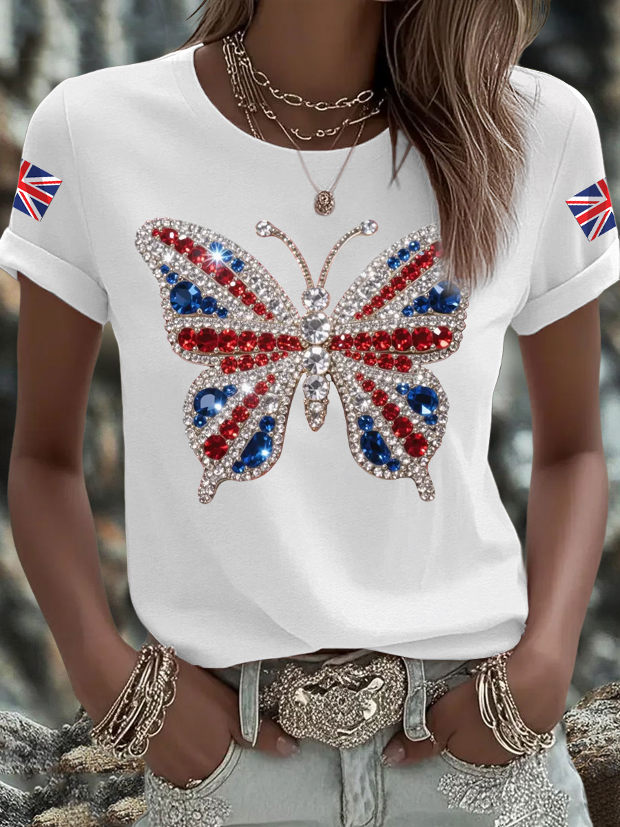 Women's British imitation diamond hot-drilling Printed Iron On Short Sleeve T-Shirt