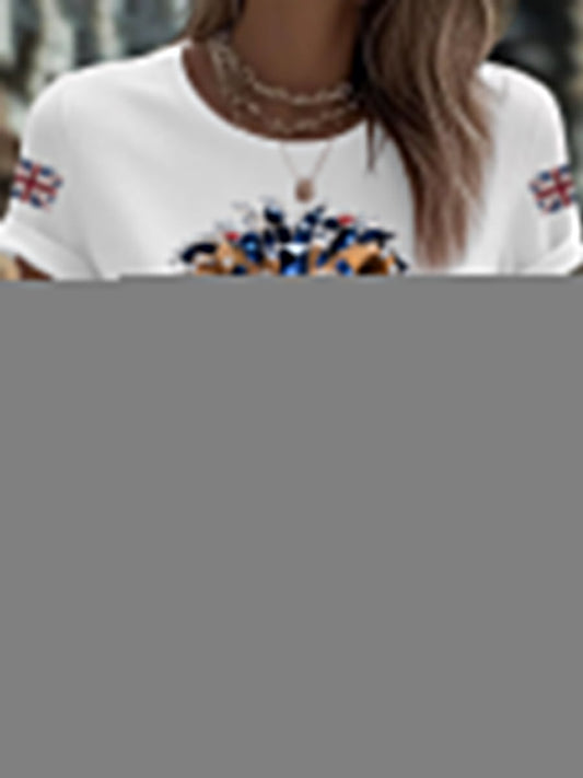 Women's British imitation diamond hot-drilling Printed Iron On Short Sleeve T-Shirt