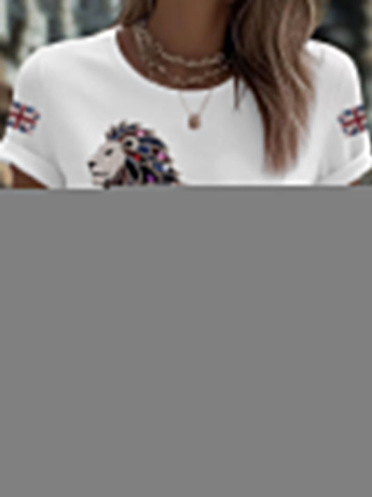 Women's British imitation diamond hot-drilling Printed Iron On Short Sleeve T-Shirt