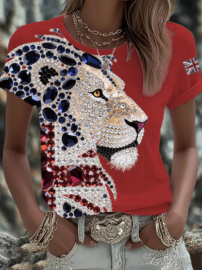 Women's British imitation diamond hot-drilling Printed Iron On Short Sleeve T-Shirt