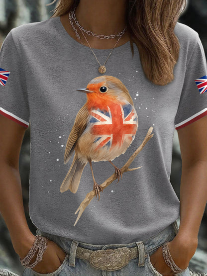 Women's UK Flag Art Robin Watercolor Printed T-shirt
