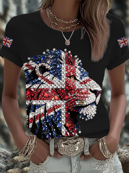 Women's British imitation diamond hot-drilling Printed Iron On Short Sleeve T-Shirt