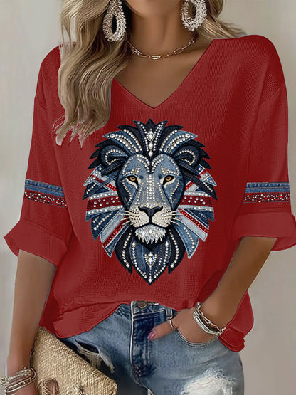 Women's British style imitation denim rhinestone hot-drill Printed Casual T-shirt