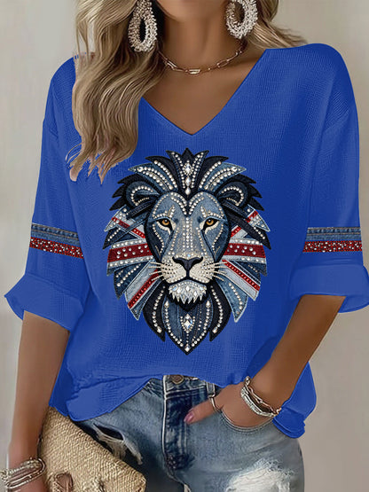 Women's British style imitation denim rhinestone hot-drill Printed Casual T-shirt