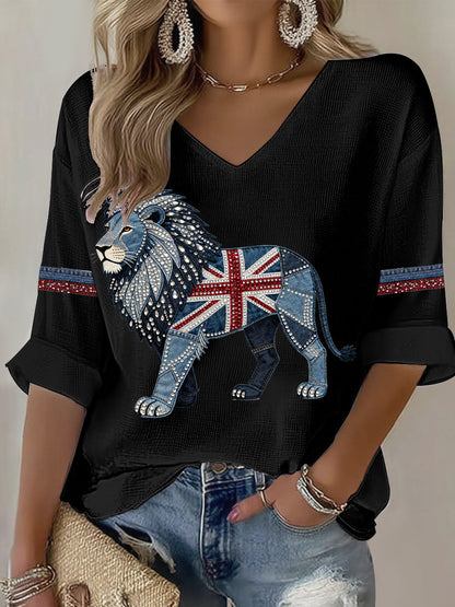 Women's British Faux Denim Printed Casual T-shirt