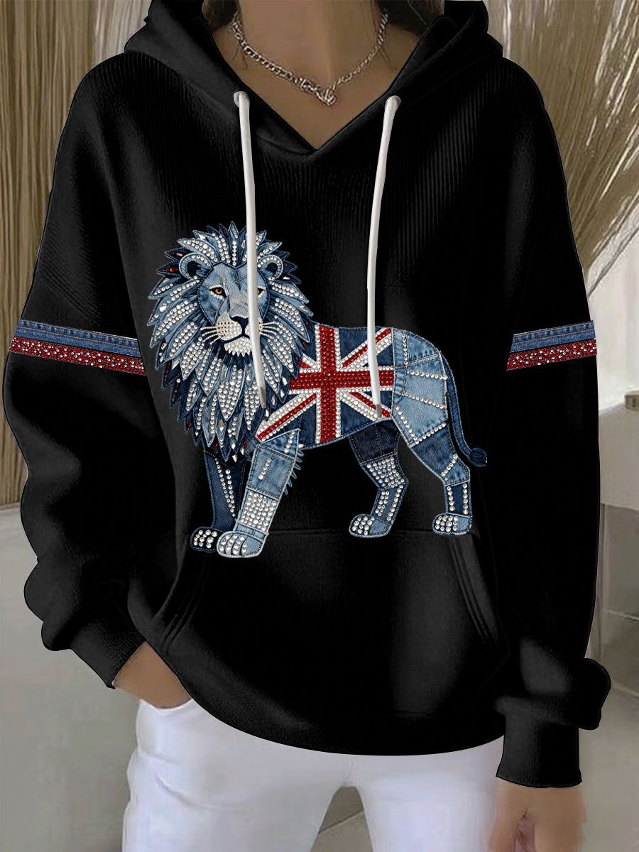 Women's British Faux Denim Print Casual Hoodie