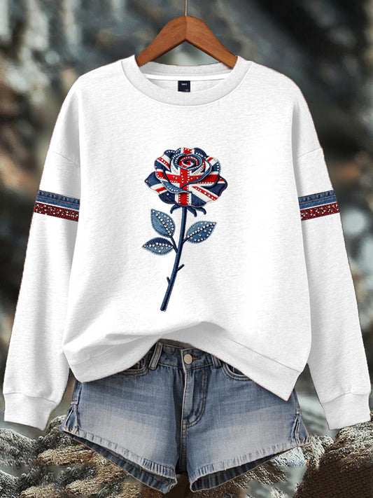 Women's British style imitation denim rhinestone hot-drill Print Sweatshirt