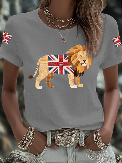 Women's British patchwork lion Iron On Short Sleeve T-Shirt
