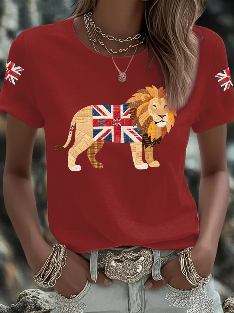 Women's British patchwork lion Iron On Short Sleeve T-Shirt