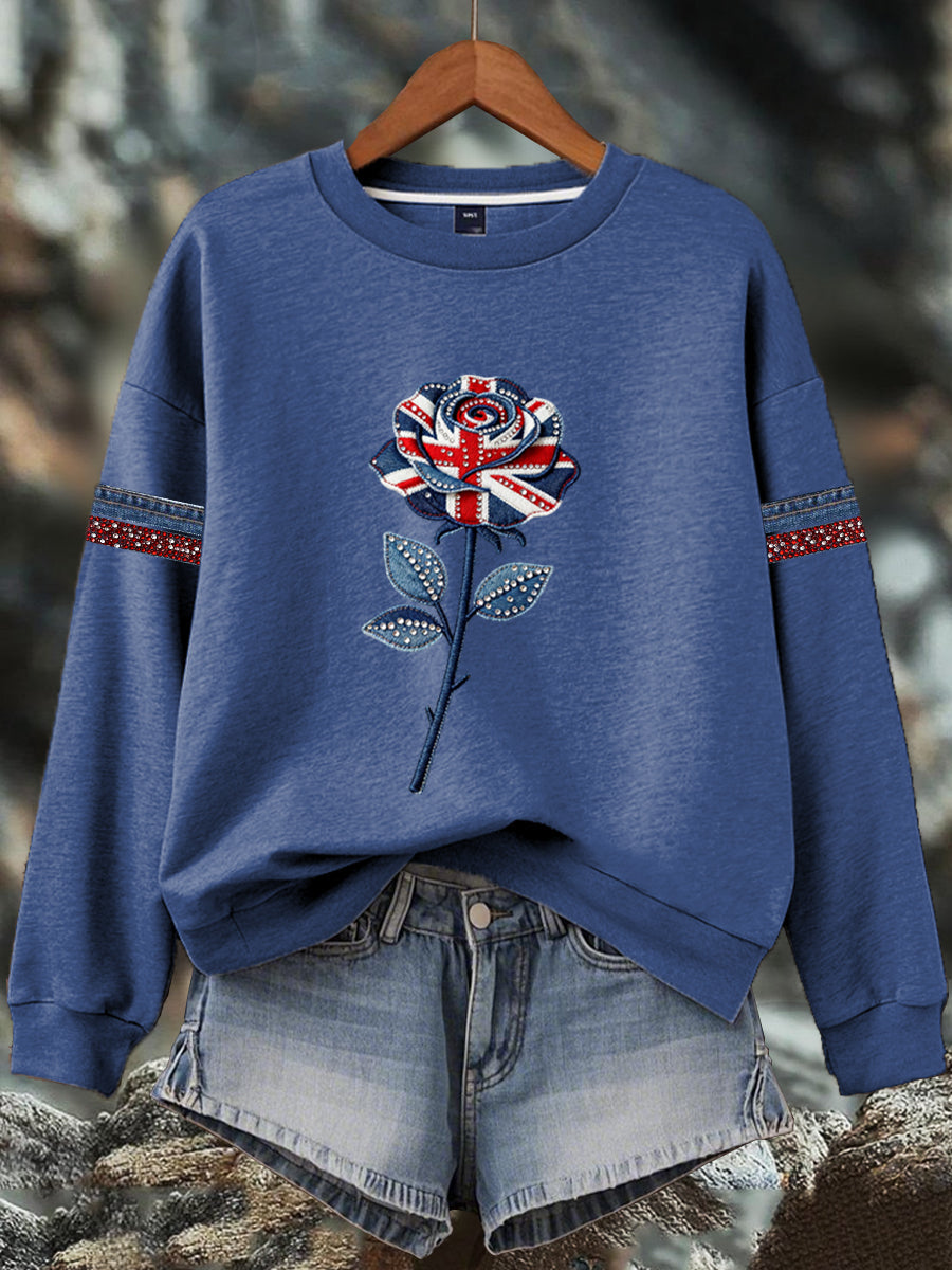 Women's British style imitation denim rhinestone hot-drill Print Sweatshirt