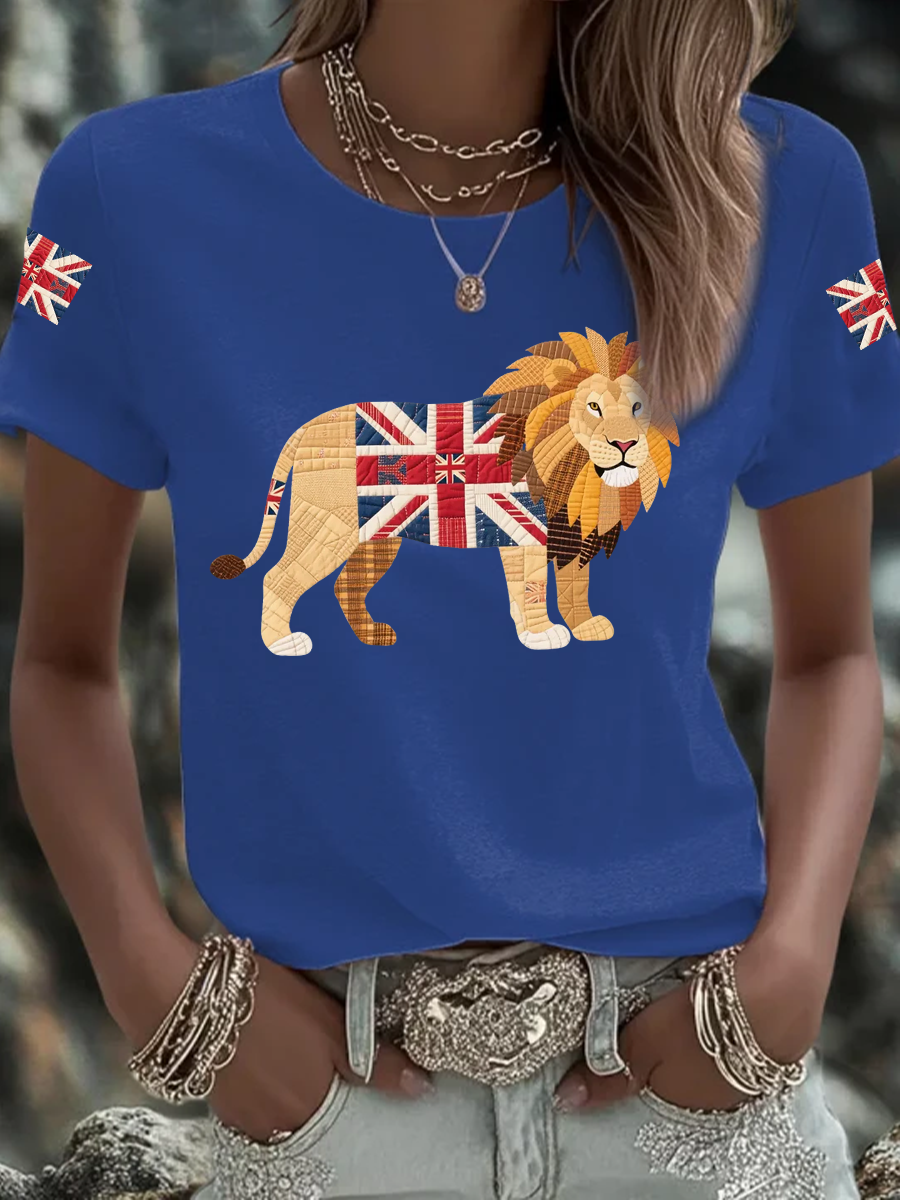 Women's British patchwork lion Iron On Short Sleeve T-Shirt