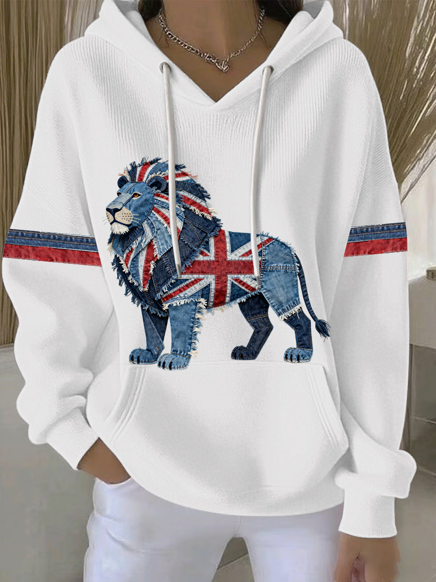 Women's British Faux Denim Print Casual Hoodie