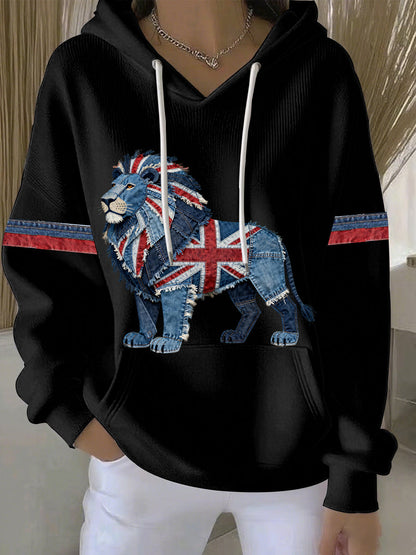 Women's British Faux Denim Print Casual Hoodie
