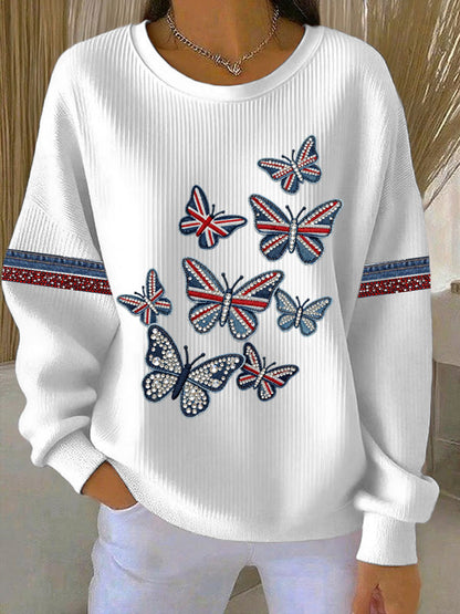 Women's British style imitation denim rhinestone hot-drill Print Casual Sweatshirt