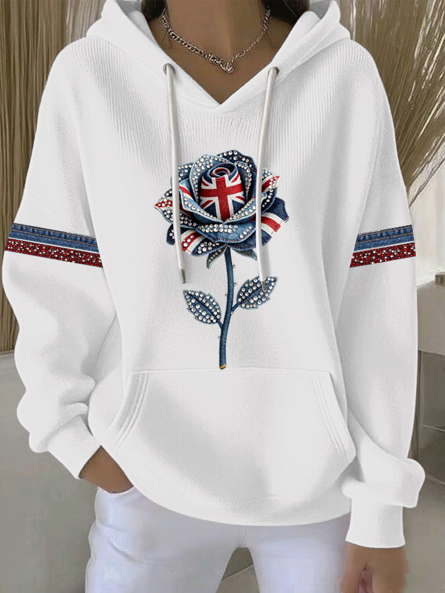 Women's British style imitation denim rhinestone hot-drill Print Casual Hoodie