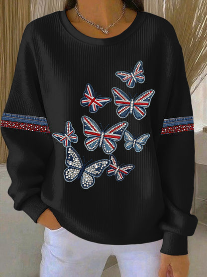 Women's British style imitation denim rhinestone hot-drill Print Casual Sweatshirt