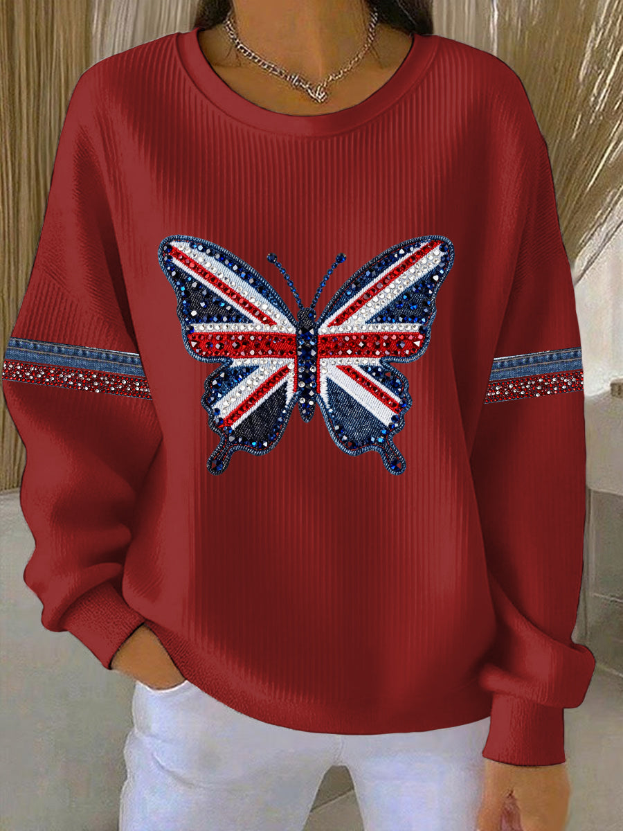 Women's British style imitation denim rhinestone hot-drill Print Casual Sweatshirt