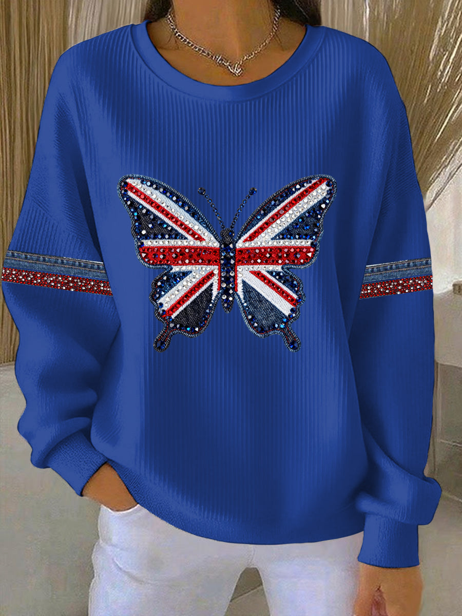 Women's British style imitation denim rhinestone hot-drill Print Casual Sweatshirt