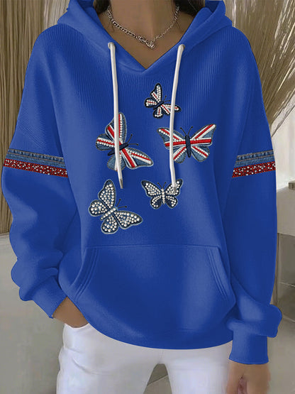 Women's British style imitation denim rhinestone hot-drill Print Casual Hoodie