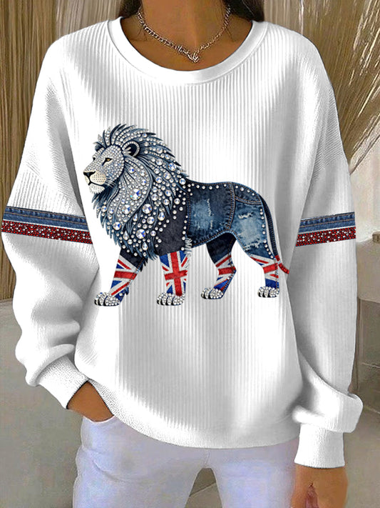 Women's British style imitation denim rhinestone hot-drill Print Casual Sweatshirt