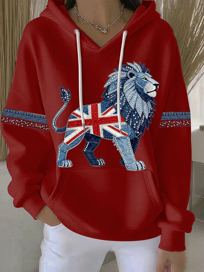 Women's British style imitation denim rhinestone hot-drill Print Casual Hoodie