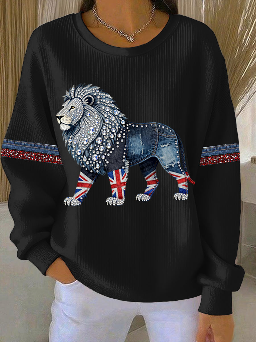 Women's British style imitation denim rhinestone hot-drill Print Casual Sweatshirt