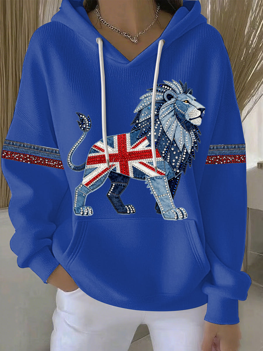 Women's British style imitation denim rhinestone hot-drill Print Casual Hoodie