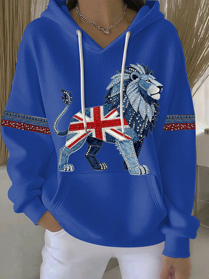 Women's British style imitation denim rhinestone hot-drill Print Casual Hoodie