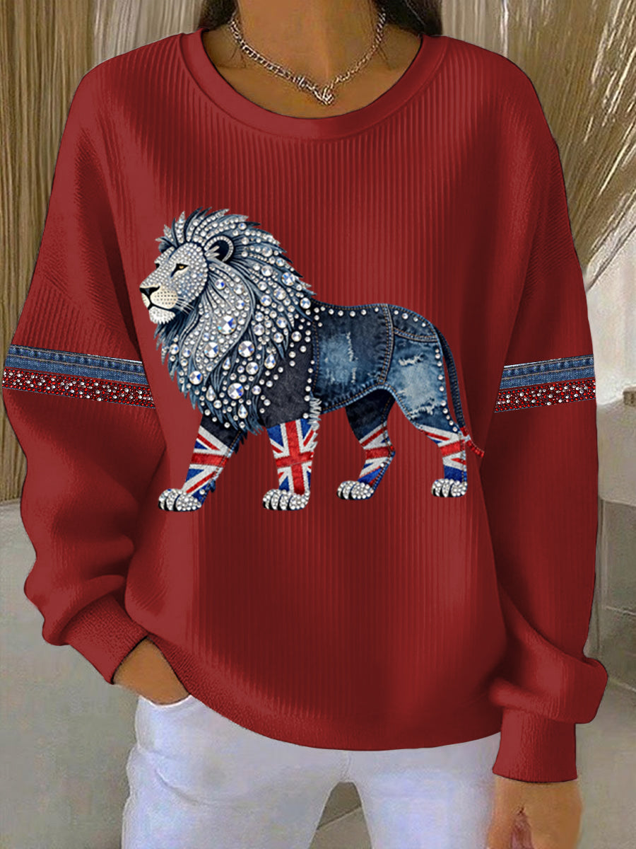 Women's British style imitation denim rhinestone hot-drill Print Casual Sweatshirt