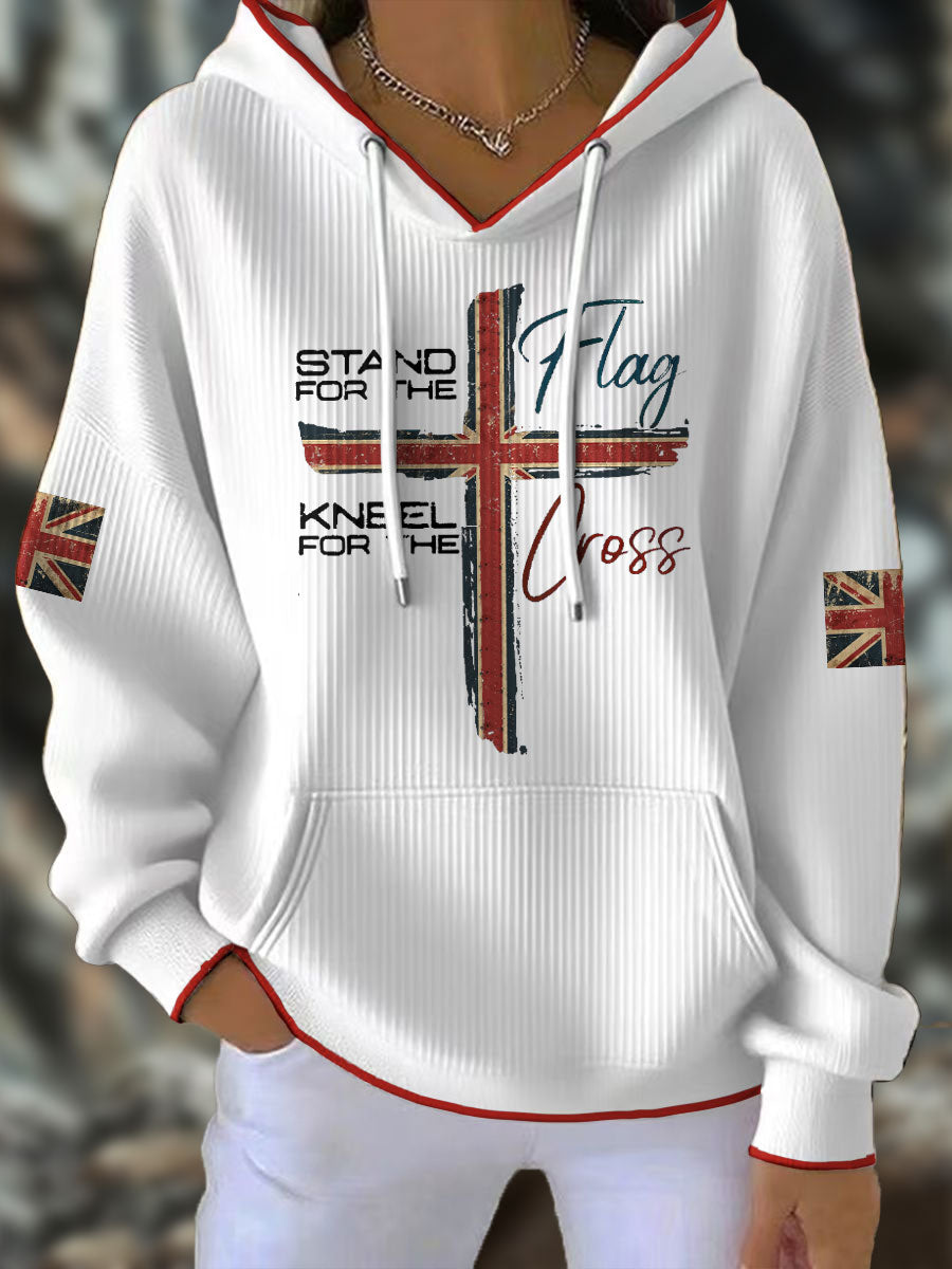 Women's Stand For The Flag Kneel For The Cross UK Flag Faith Printed Hoodie