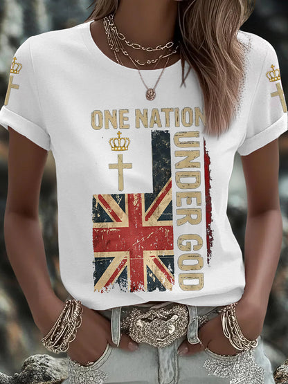Women's One Nation Under God UK Flag Faith Printed T-Shirt