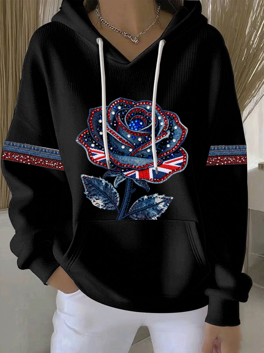 Women's British style imitation denim rhinestone hot-drill Print Casual Hoodie