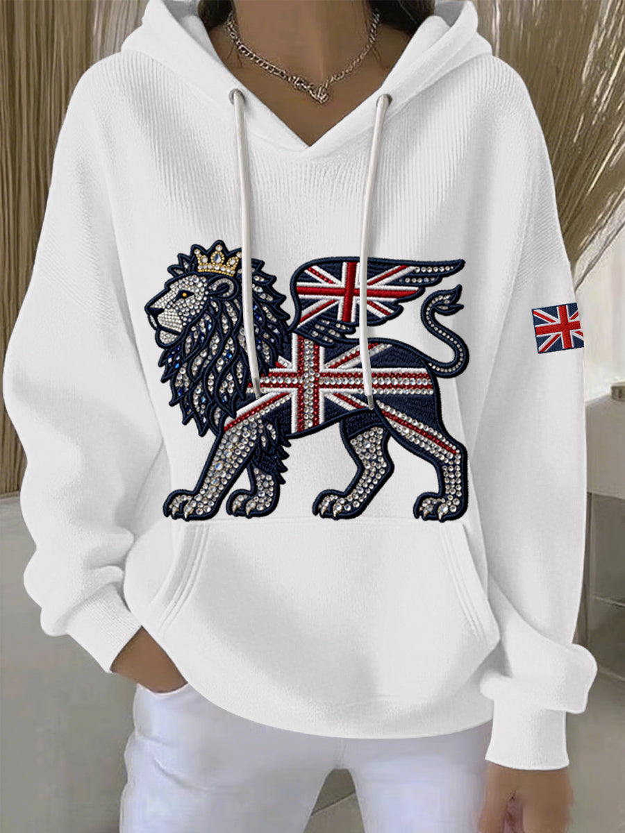 Women's British style imitation denim rhinestone hot-drill Print Casual Hoodie