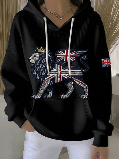 Women's British style imitation denim rhinestone hot-drill Print Casual Hoodie