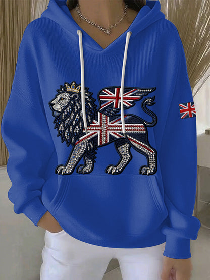 Women's British style imitation denim rhinestone hot-drill Print Casual Hoodie