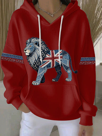 Women's British style imitation denim rhinestone hot-drill print casual hoodie