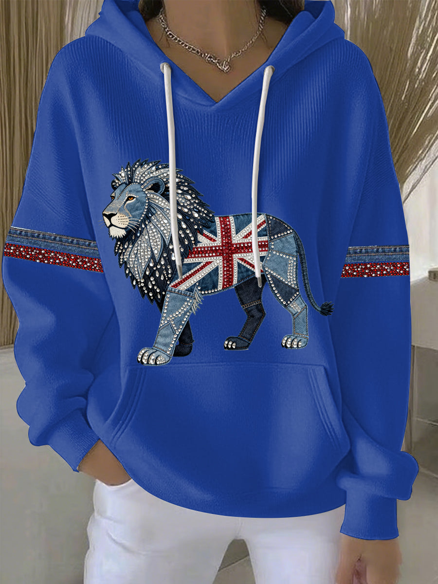 Women's British style imitation denim rhinestone hot-drill print casual hoodie