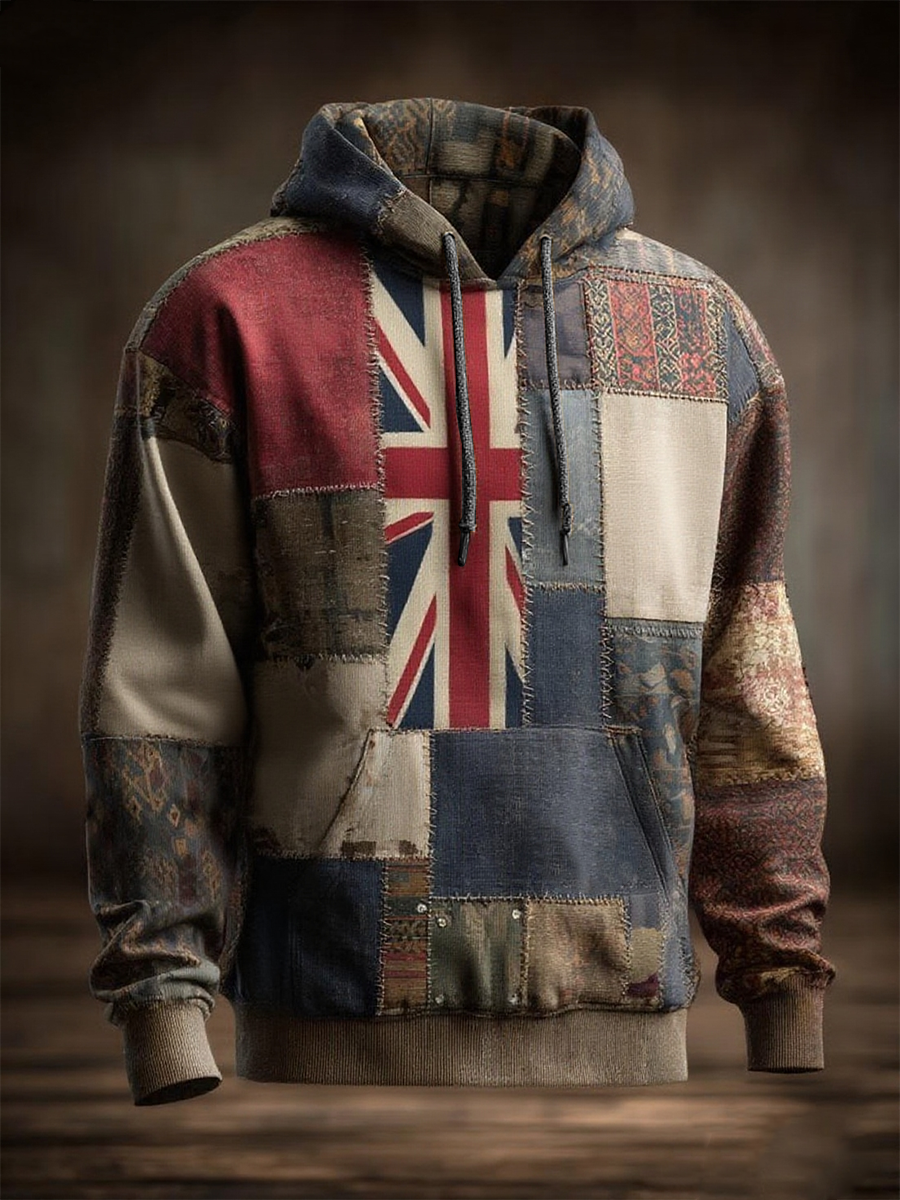 Men's British Flag Printed Casual Oversized Drop-Shoulder Hoodie with Pockets