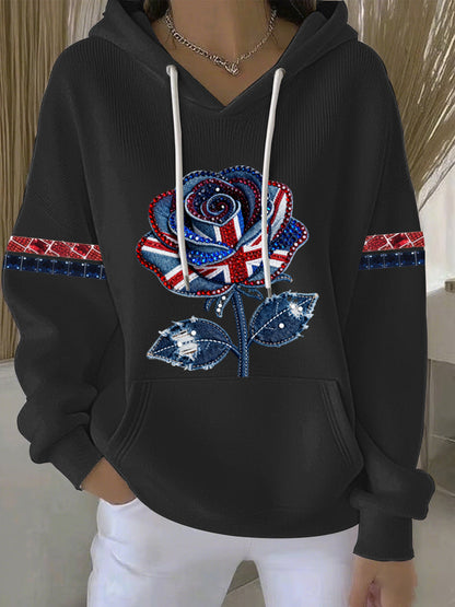 Women's British style imitation denim rhinestone hot-drill Print Casual Hoodie