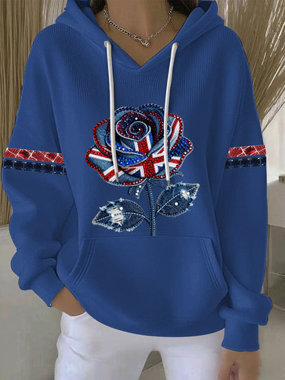 Women's British style imitation denim rhinestone hot-drill Print Casual Hoodie