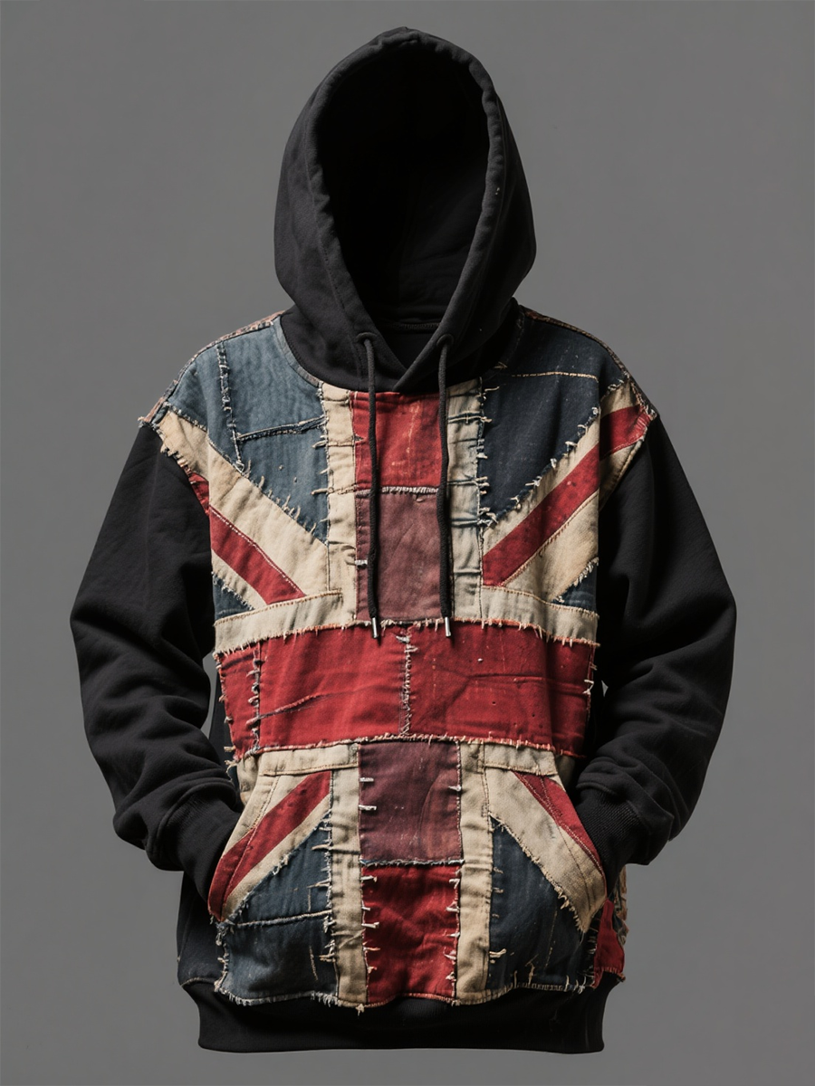 Unisex Union Jack and patchwork style Printed Oversized Drop-Shoulder Hoodie with Pockets
