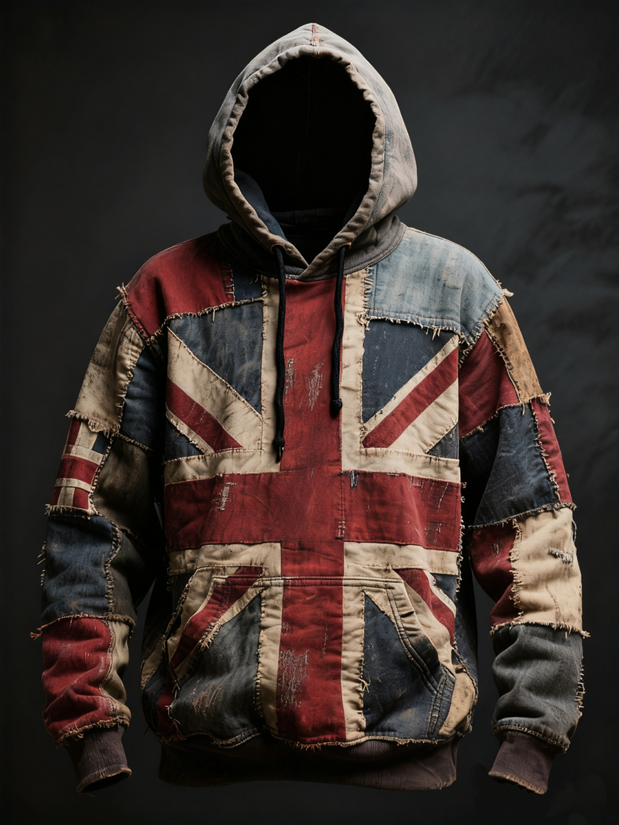 Unisex Union Jack and patchwork style Printed Oversized Drop-Shoulder Hoodie with Pockets