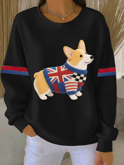 Women's British Faux Felt Corgi Print Casual Sweatshirt