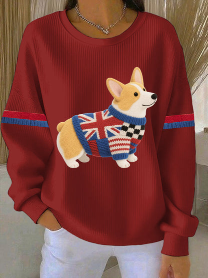Women's British Faux Felt Corgi Print Casual Sweatshirt