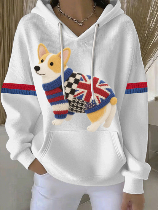 Women's British Faux Felt Corgi Print Casual Hoodie