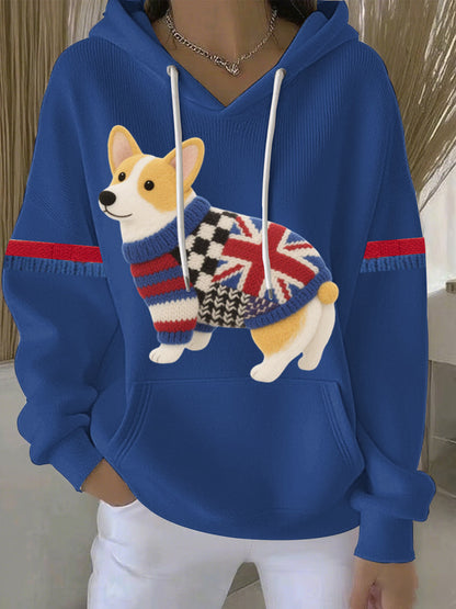 Women's British Faux Felt Corgi Print Casual Hoodie