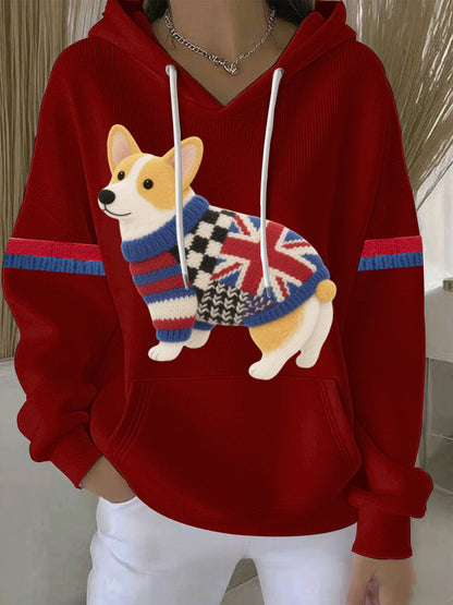 Women's British Faux Felt Corgi Print Casual Hoodie