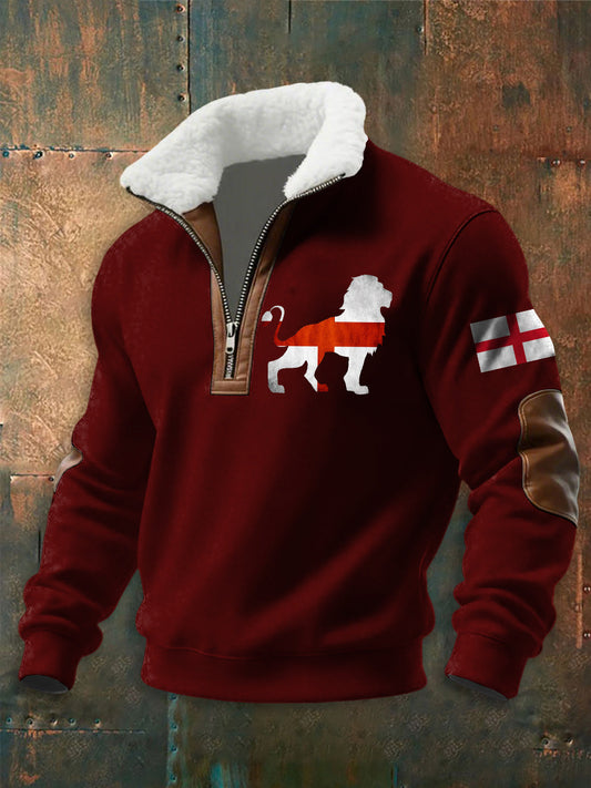 Men's English Flag Lion Print  zip-up hoodie