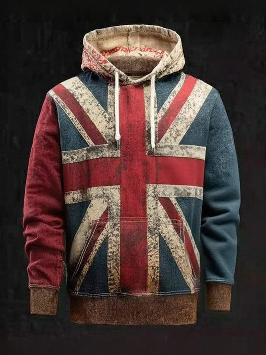 Men's Vintage England Flag Patchwork Printed Hoodie